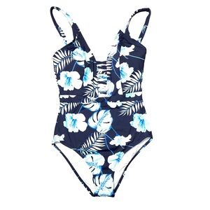 Catherine Malandrino Blue Floral Swim One Piece Suit Deep Front Small NWT